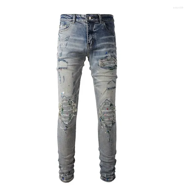 Jeans masculinos homens luz azul pintado streetwear estilo magro estiramento destruído buracos remendo slim high street graffiti angustiado rasgado