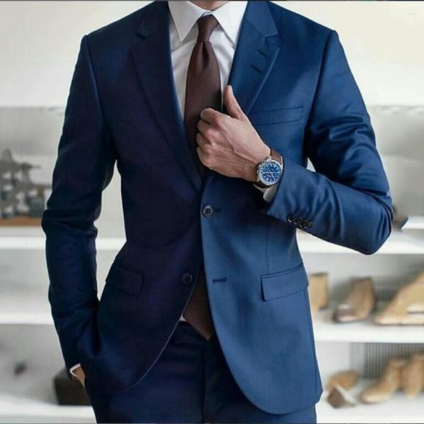 Ternos masculinos bonito azul marinho para homens negócios formais blazer casamento noivo smoking fino ajuste 2 peça conjunto jaqueta calças traje homme