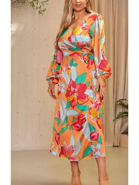 Женское платье больших размеров, повседневное и модное платье с длинными рукавами и цветочным принтом, облегающий халат с v-образным вырезом в пляжном стиле 240202