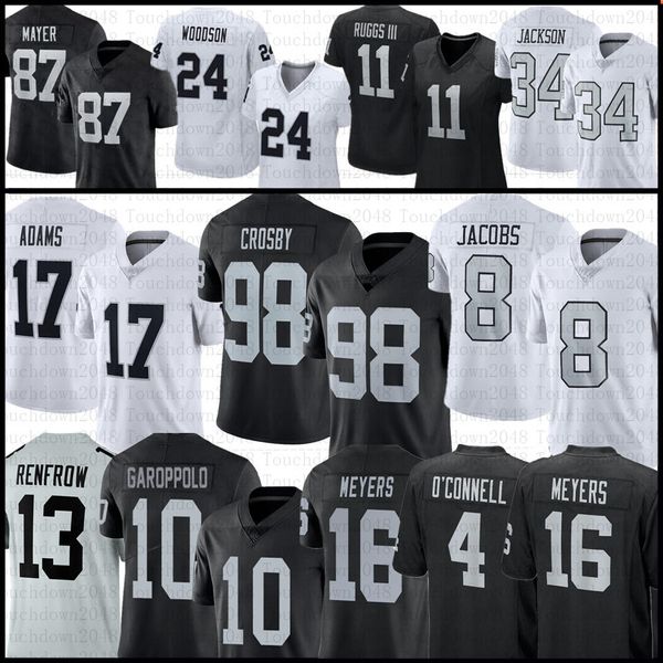 Davante Adams Maxx Crosby Camisa de futebol Josh Jacobs Charles Woodson Hunter Renfrow Bo Jackson Aidan O'Connell Jakobi Meyers Robert Spillane Howie Long