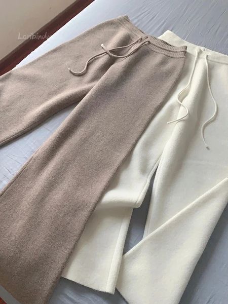 Pantaloni a gamba larga in maglia di lana sciolta a vita alta autunno e inverno per le donne da indossare pantaloni da ciclomotore a gamba larga a gamba dritta 240129