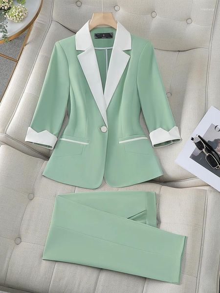Женские брюки из двух предметов, весна-лето, зеленый, серый, хаки, женский пиджак, брючный костюм, женская деловая рабочая одежда, однотонная куртка и брюки 2