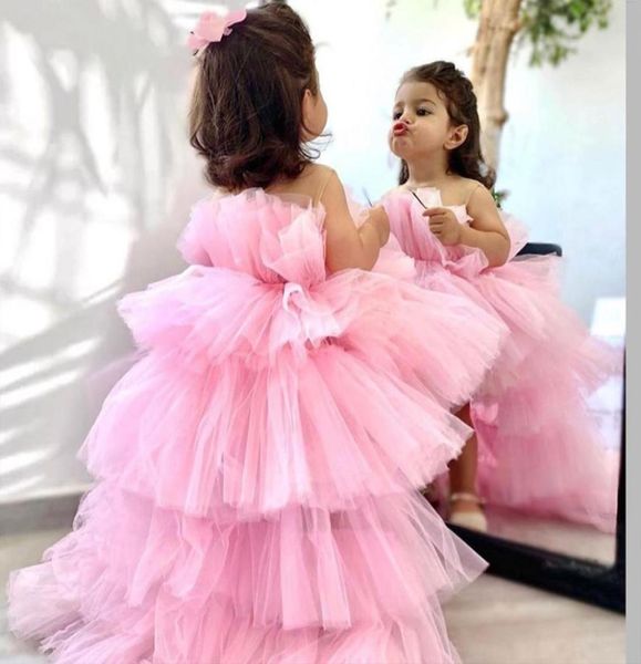 Abiti da ragazza di fiore gonfio principessa tulle rosa rosa Abiti da cerimonia per bambini a strati Abiti da cerimonia per bambini alti e bassi Abito da prima comunione Gow1057239