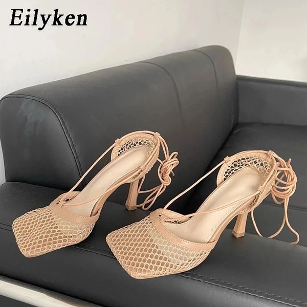 Eilyken, пикантные белые женские туфли-лодочки из сетчатой ткани, сандалии, сандалии на высоком каблуке с квадратным носком, вечернее платье на шнуровке до щиколотки, женская обувь 240119
