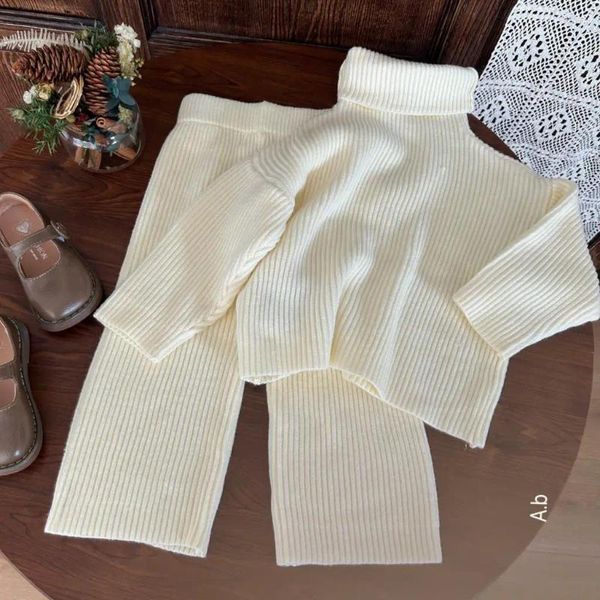 Conjuntos de roupas 2024 Coreano Primavera Outono Crianças Meninas 2 PCS Algodão Sólido Listrado Malha Gola Suéter Solto Calças de Perna Larga Crianças Outfit