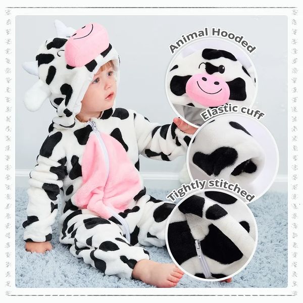 MICHLEY Halloween Mucca Flanella Pagliaccetti per bambini Abiti invernali Costume Tute con cappuccio Pigiami Animali Tuta generale per Ragazza Ragazzo 240202