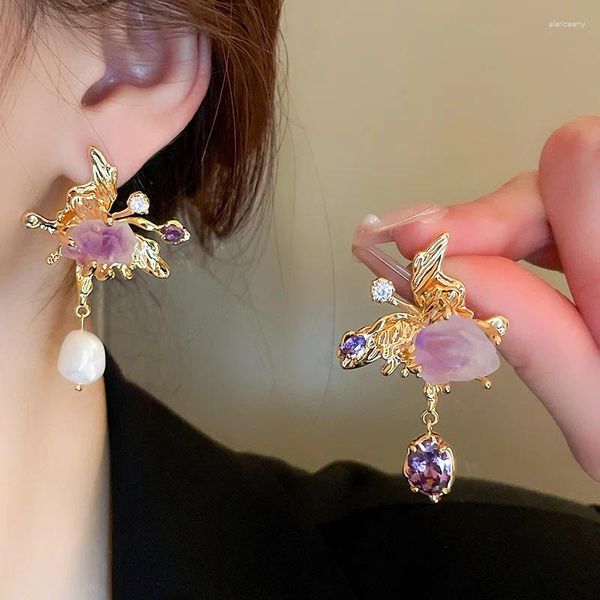 Baumeln Ohrringe Japan Koreanische AB Stil Lila Naturstein Tropfen Für Frauen Barock Schmuck Süßwasser Perle Pendientes Brincos