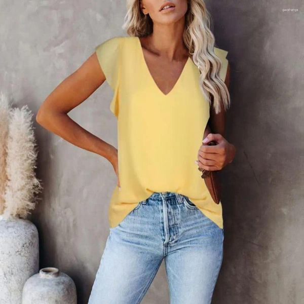 Kadın Bluzları Kadın Şifon T-Shirt Düz Renk V Boyun Kılıf Gevşek Patchwork Çift Katmanlı Kısa Bayan Yaz