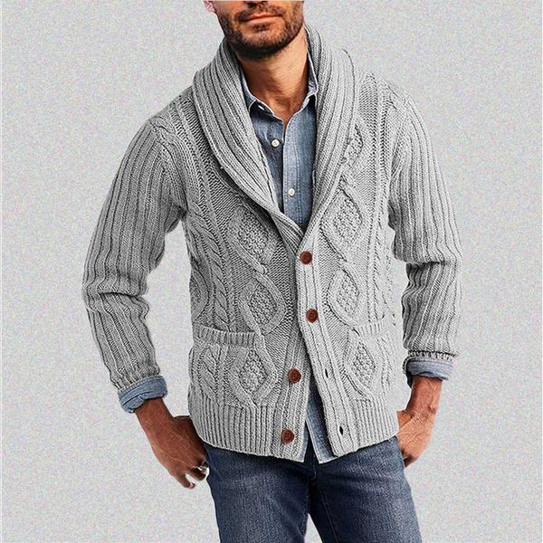 Camisolas masculinas 2024 cardigan camisola outono inverno moda sólida xale colarinho cardigans botão para baixo cabo de malha casaco casual