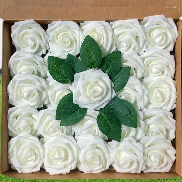 Dekorative Blumen 25 Teile/satz Künstliche PE Schaum Rose Mit Zweig Braut Blumenstrauß Blume Für Hochzeit Party Scrapbooking DIY