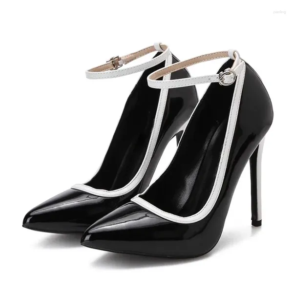 Elbise ayakkabıları seksi ayak bileği kayışı sınırlı 12 cm topuk pompaları fuşya beyaz siyah patent