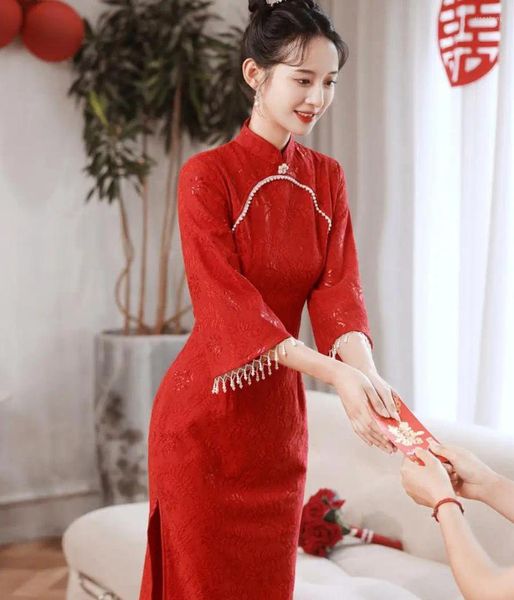 Vestidos casuais casamento nupcial cheongsam noiva estilo chinês tradicional vestido de renda roupão mulheres primavera qipao magro festa vestido