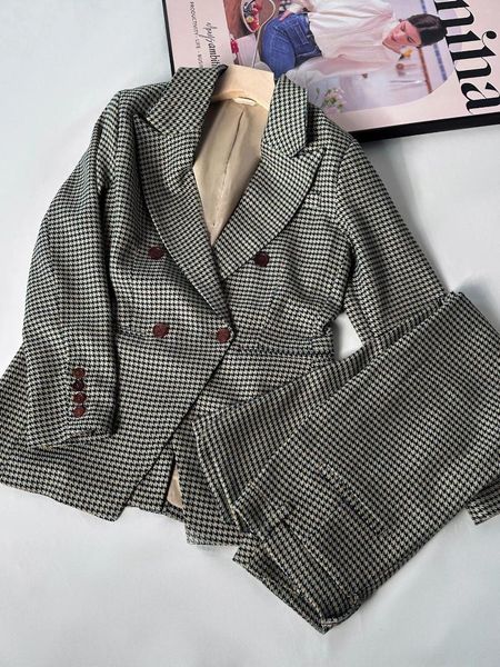 Calças femininas de duas peças senhoras retro houndstooth blazer terno 2024 outono feminino duplo breasted jaqueta de manga longa ou calças de cintura alta