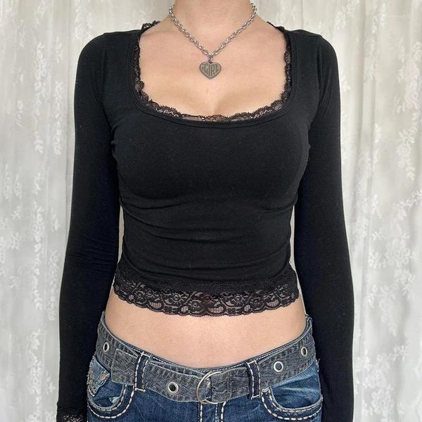 Mulheres Camisetas Y2K Black Lace Crop Top Manga Completa Básico Casaul Tee Mulheres Vintage Harajuku Chic Pullovers Outono Inverno Coreano Punk