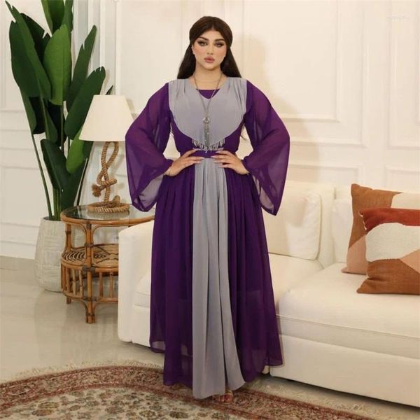 Roupas étnicas Abaya Mulher Dubai Luxo Chiffon Long Maxi Vestido Patchwork Contraste Cor Cinto Kaftan Turquia Senhoras Vestidos de Festa