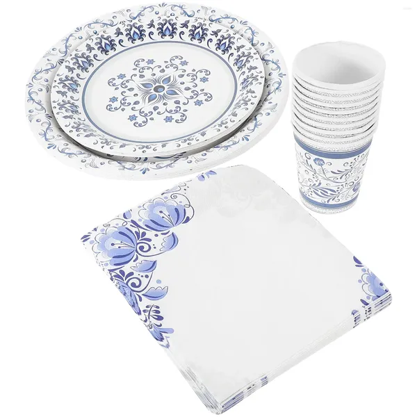 Set di stoviglie Piatto di carta Piatti in porcellana bianca e blu per feste a tema Decorazioni per la tavola di compleanno in tessuto usa e getta