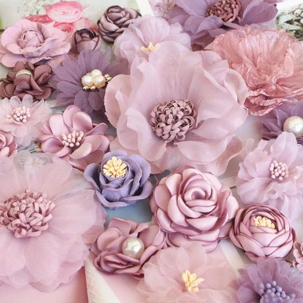 Fiori decorativi 10 pezzi serie viola tessuto chiffon di raso artificiale per abito da sposa abbigliamento cappelli decorazione copricapo fascia fiore