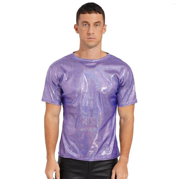 Herren-T-Shirts, T-Shirts, modische Oberteile, glänzendes Kurzarm-T-Shirt, lässig, funkelnder Rundhalsausschnitt, Performance, Rave-Party, Clubwear, Herren-T-Shirts