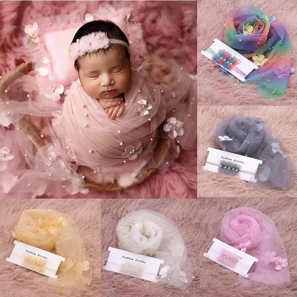 Decken 2 stücke Born Pography Requisiten Chiffon Decke mit Perlen Stirnband Prinzessin Baby Mädchen Blume Spitze Tüll Swaddle Wrap