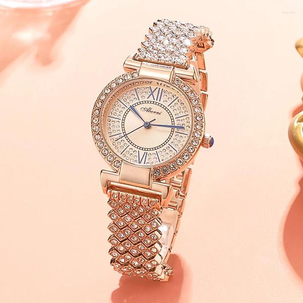 Armbanduhren Luxus Damenuhr Rundes Zifferblatt mit funkelnden Strasssteinen eingelegten digitalen Zeigern Mode Quarz