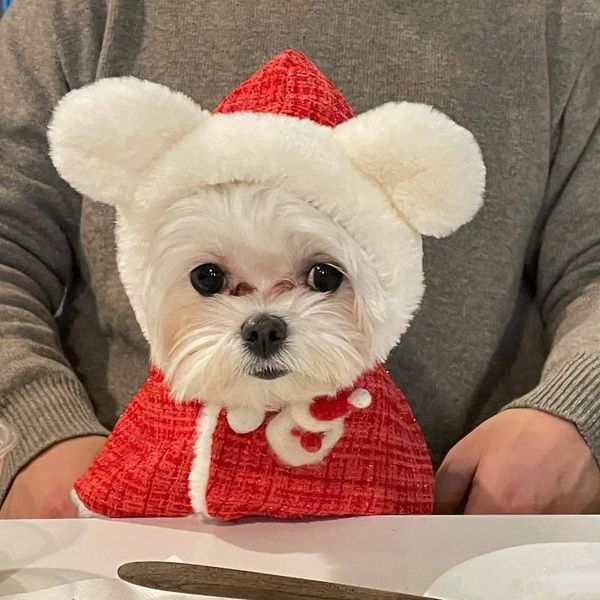 Abbigliamento per cani INS Mantello con cappuccio in peluche natalizio con orecchie pelose Calore per le celebrazioni dell'anno di piccola razza maltese Accessori per vestiti per animali domestici