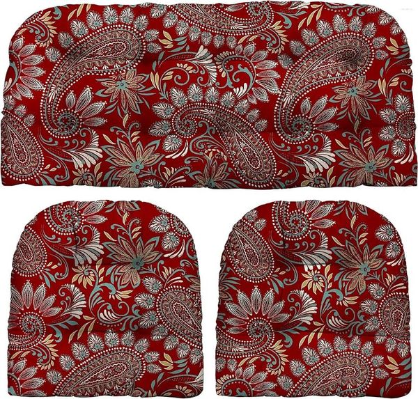 Set di cuscini in vimini capitonnè da 3 pezzi per interni ed esterni, divanetto a forma di U da 41 x 19 pollici (Standard Eastman Berry Red Paisley)