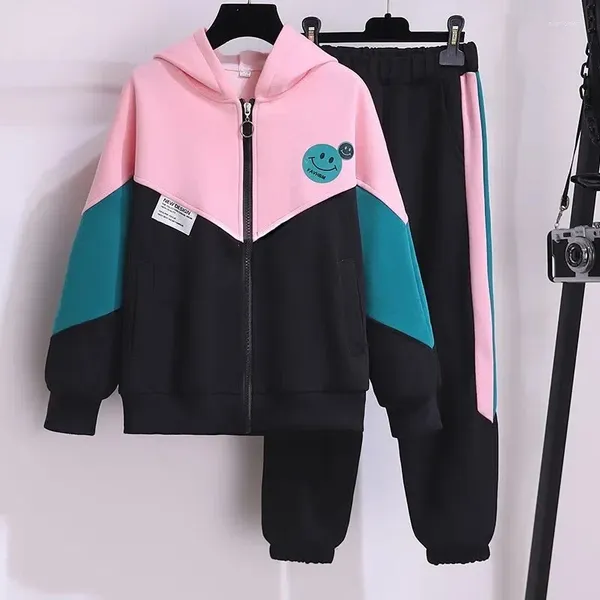 Conjuntos de roupas Outono Meninas Sportswear Algodão Junior Crianças Splicing Moletom Com Capuz Sweatpants 2 College Style Primavera Tendência 3-15Y