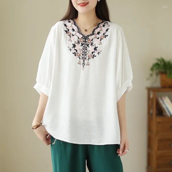 Frauen Blusen Baumwolle Leinen Chinesischen Stil Stickerei Hemd Kleidung Lose Sommer 2024 V-ausschnitt MODE Tops YCMYUNYAN
