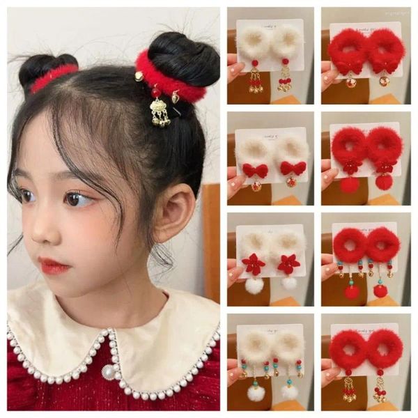 Accessori per capelli 1 paio Fiocco rosso Corda per bambini Palla di pelo Vestito Tang Anno cinese Copricapo Nappa Hanfu