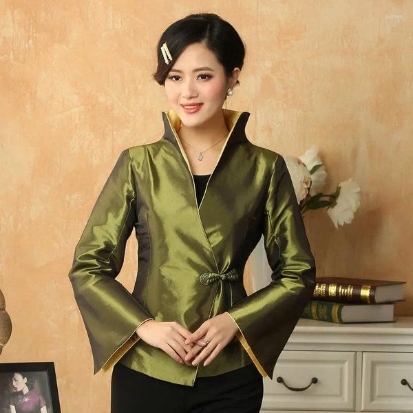 Jaquetas femininas estilo vintage chinês mulheres casaco de cetim único nó botão diagonal placket design verde vermelho preto trompete mangas traje