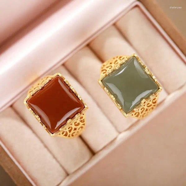 Cluster-Ringe Original S925 Sterling Silber Natürliche Hetian Jade Südlicher Roter Achat Jaspis Ring Chinesischer Stil Klassische offene Verzierung