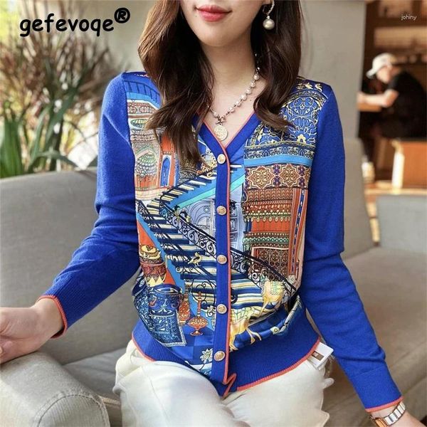 Jaquetas femininas Mulheres Vintage Impressão Gráfica Harajuku Chic Elegante Botão Cardigan Jaqueta Outono Y2K Moda Coreana V Pescoço Manga Longa Slim