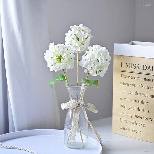 Flores decorativas simulação ramos de hortênsia 3d falso látex artificial pólen branco hortênsias festa de casamento decoração primavera floral