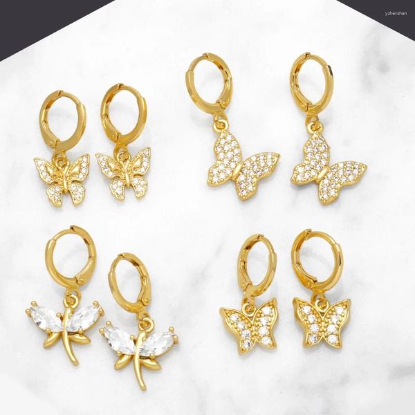 Orecchini pendenti FLOLA Cerchi placcati oro Farfalla per donna Rame Zircone Huggie Libellula Regali di moda Erst90