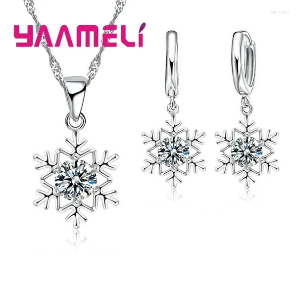 Collana Orecchini Set Fiocco di neve qualificato Donna Gioielli in argento sterling 925 Zircone CZ Ciondolo in cristallo Regalo per feste