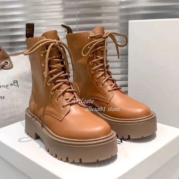 2024 novo designer feminino martin plataforma de renda botas de elevação dedo do pé redondo estilo britânico motociclista botas pretas marrons