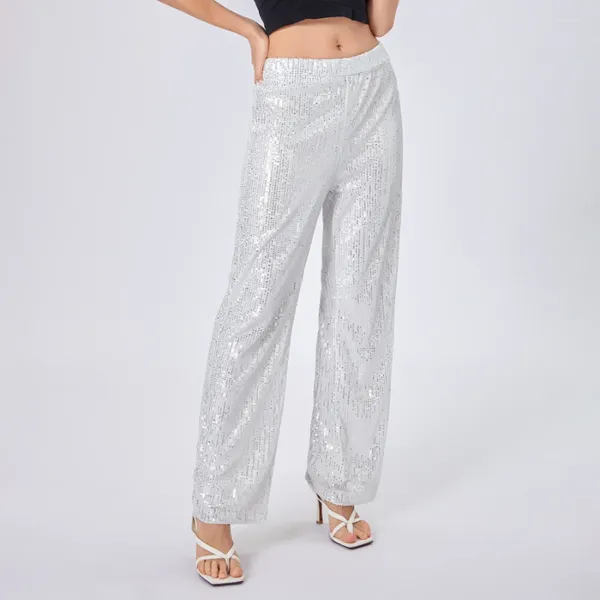 Calças femininas Mulheres Lantejoulas Flare Sparkly Cintura Alta Perna Larga Calças Slim Party Club Brilhante Clubwear