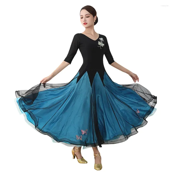 Abbigliamento da palcoscenico Abito da ballo da sala Abito da donna elegante in pizzo Costumi moderni Abiti da spettacolo per valzer grande altalena Mezza manica