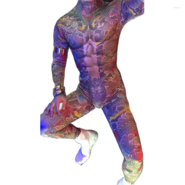 Сценическая одежда телесного цвета с принтом рун и татуировкой, комбинезон, эластичный трико, комбинезоны, DJ носит Хэллоуин, ночной клуб, мужской костюм для танцев на пилоне