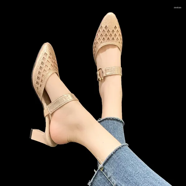 Terlik Yaz Zarif Yarım Kadınlar Rhinestone Single Pands Toe File Yüksek Topuk Sandalet Konforlu Orta Ayakkabılar 2024