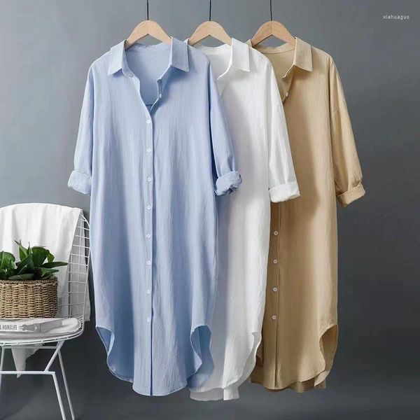 Damenblusen Syiwidii Langes weißes Hemdkleid für Frauen Leinen Baumwolle 2024 Frühling Sommer Lässige koreanische Kleidung Vintage Übergroße Midi-Robe
