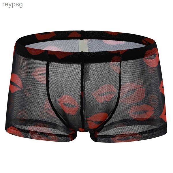 Unterhosen Boxer für Männer Sexy Lip Print Stretch Shorts Mesh Pfeil Höschen Slips Transluzente dünne schnell trocknende Low-Rise 2022 YQ240214