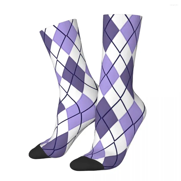 Meias masculinas meia louca para homens argyle check padrão violeta hip hop harajuku diamante feliz sem costura meninos tripulação