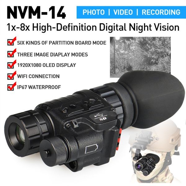 Dispositivo de visão noturna digital de alta definição montado na cabeça NVM-14, amplificador eletrônico 1x-8x, dispositivo multifuncional de visão noturna de dupla finalidade
