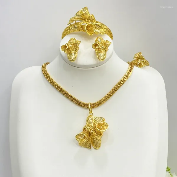 Комплект ожерелья и серег, роскошные ювелирные изделия из 18-каратного золота с покрытием для женщин, 4 шт., браслет-кольцо с цветком и аксессуары для свадебной вечеринки в Дубае