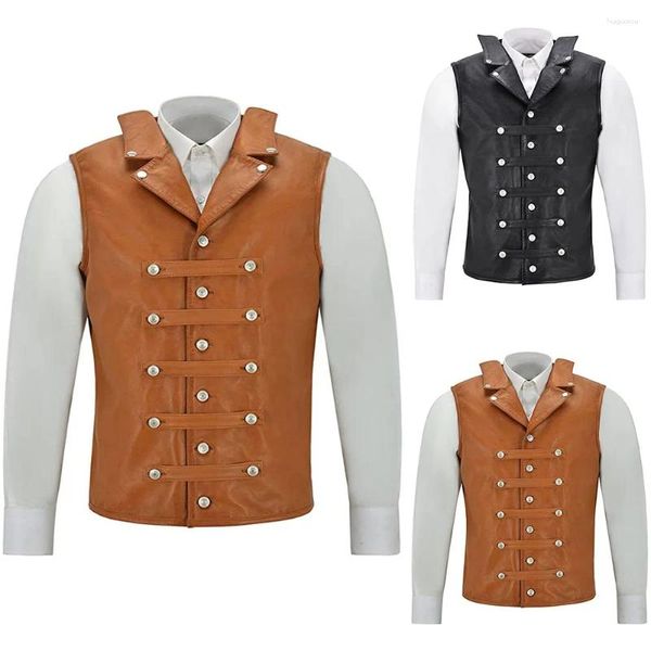 Homens Tank Tops Punk Rave Mens Steampunk Colete Colete Botões de Cor Sólida Sem Mangas Lapela PU Top Gótico Victorian Cavalheiro Casamento