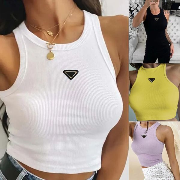 Alta qualità Prrra Estate Bianco Donna Top T-shirt Crop Top Ricamo Sexy Off Spalla Canotta nera Casual Senza maniche Camicie senza schienale Designer di lusso Tinta unita Gilet