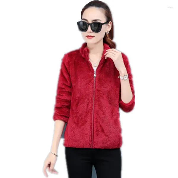 Jaquetas femininas Jaqueta de lã polar Mulheres Curto Outono Inverno Coral Selvagem Cardigan Top Quente Gola Dupla Face Casaco A118