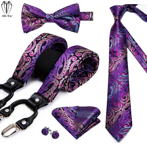 Hi-Tie Silk Adulto Mens Suspender Set 6 Clips Fortes Suspensórios Vintage Y Voltar Suspensórios Bowtie Tie Hankerchief Abotoaduras Ajustáveis 240119