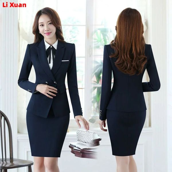Alta qualidade outono inverno formal blazer ternos de negócios com conjuntos coreano feminino trabalho wear uniforme escritório azul escuro saia jaqueta 240202